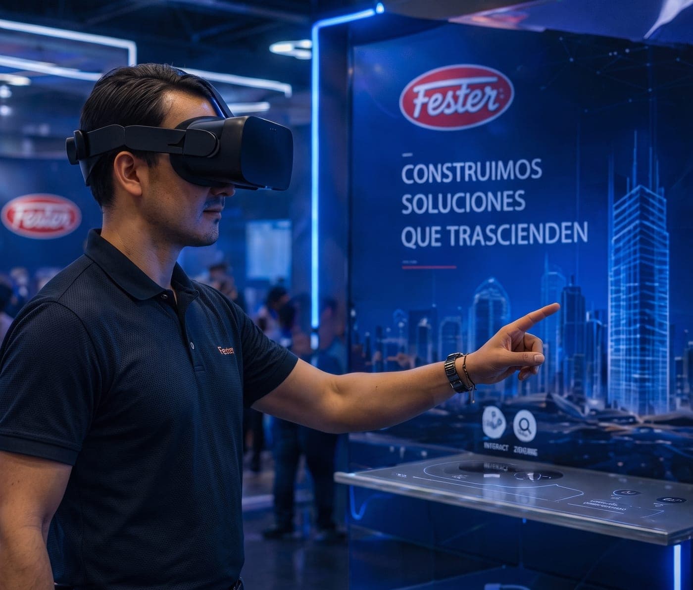 Asistente con visor de realidad virtual interactuando con una pantalla Fester